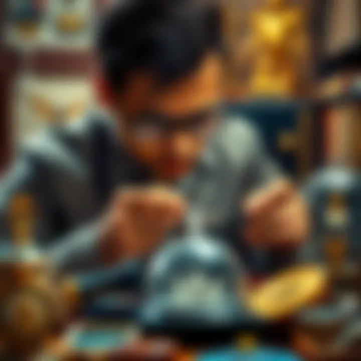 Rare Collectibles Examination A person inspecting various rare collectibles, looking for signs of authenticity and signs of fakes.