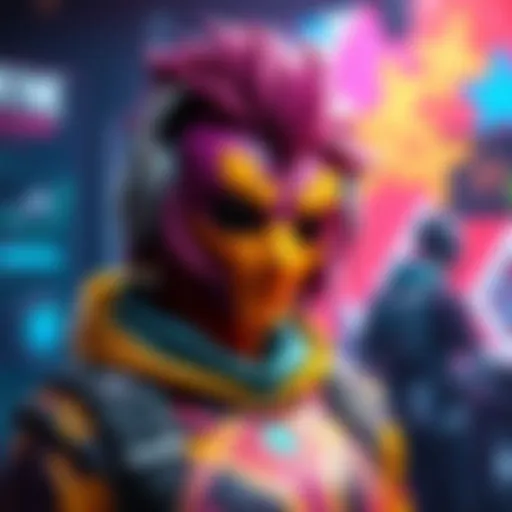A vibrant and unique skin displayed on a gaming character, highlighting its appealing design and colors, set against a colorful game background.