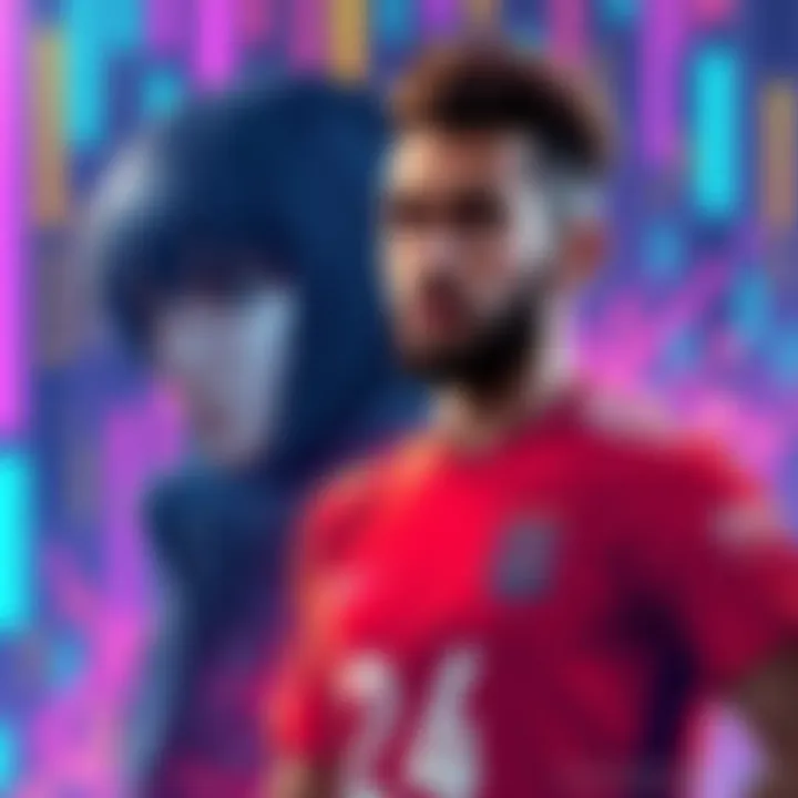 Illustration of a character from Ghost in the Shell alongside a soccer player resembling Neymar Jr, set against a colorful digital backdrop.