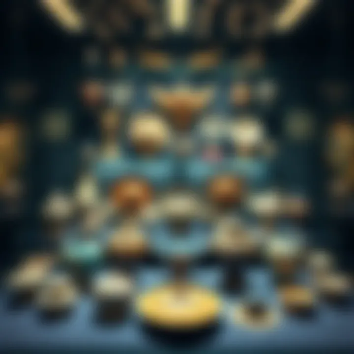 A group of unique sekharas displayed in a collector's showcase, highlighting their distinct designs and colors.