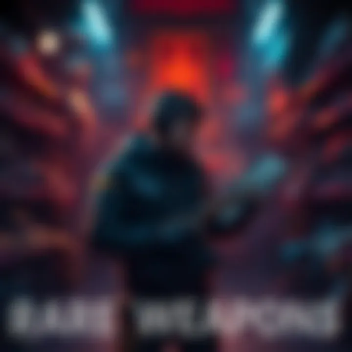 A character searching for rare weapons in a dimly lit armory, examining various weapon schematics and gear options.