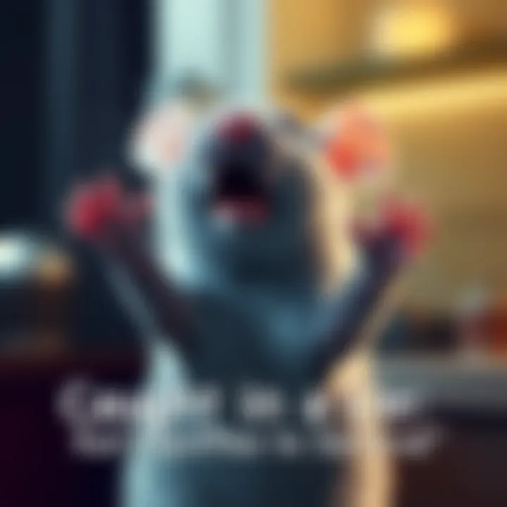 A rat with pleading eyes raises its paws, looking for mercy in a humorous setting.