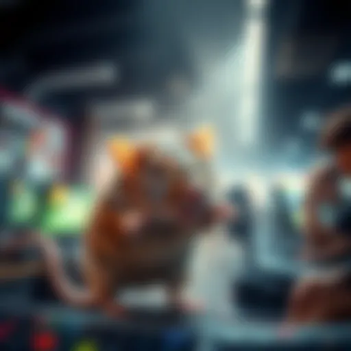 A rat causing chaos in a gaming lobby as players react in shock.