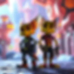 Ratchet and Clank characters standing together in a vibrant game world