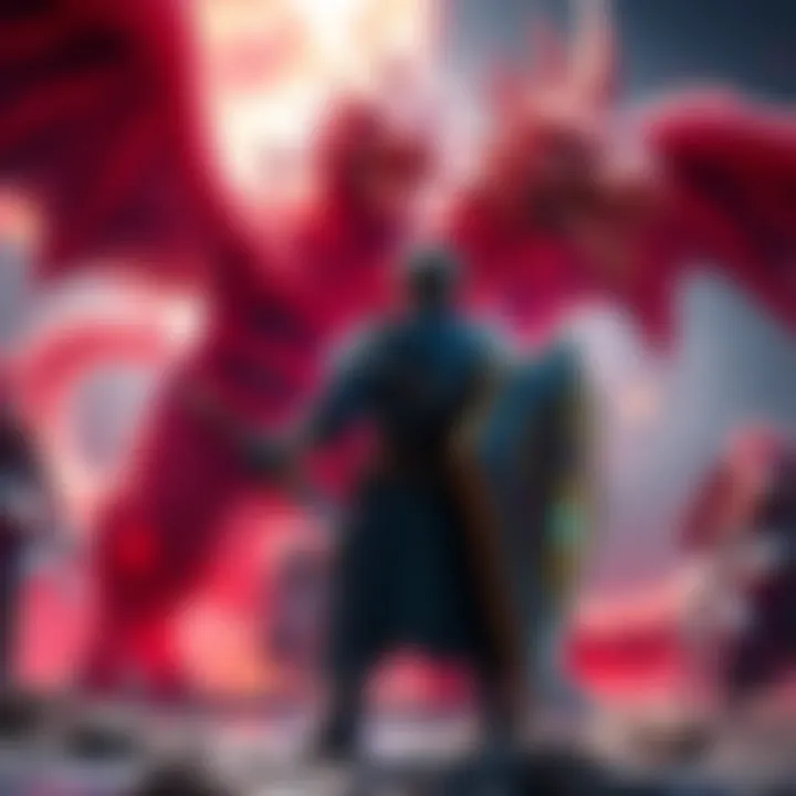 A character equipped with a 4-piece Rathalos armor set and a sword and shield, ready for battle against a monster in a vibrant environment.