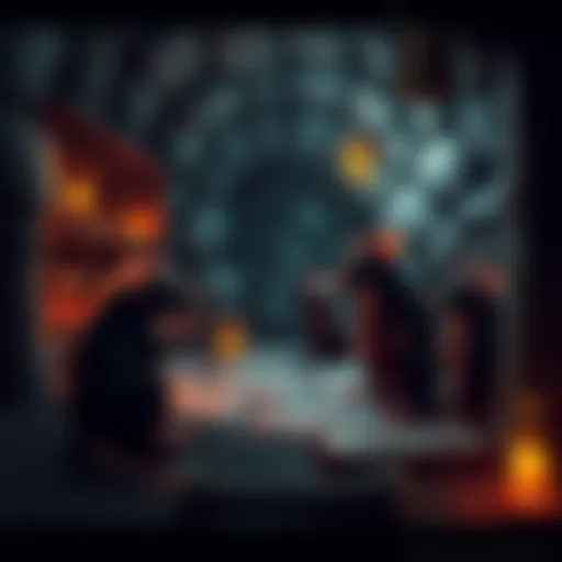 A group of intelligent rats conversing with a player character in a dimly lit basement filled with traps and treasures