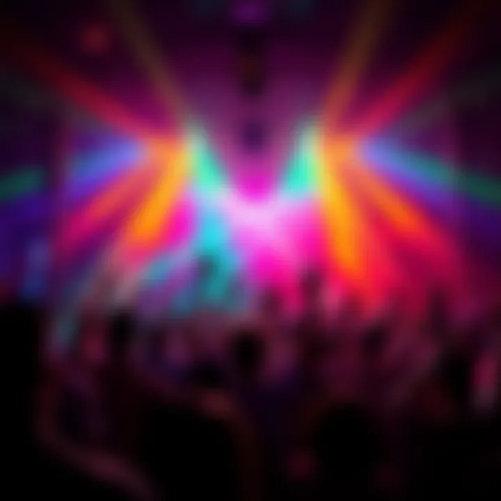 Crowd at a vibrant rave A lively crowd dancing under colorful lights at an outdoor rave, showcasing the energetic atmosphere and excitement of the event.