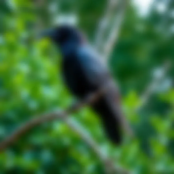 A raven named Calypso perched on a branch in a lush wildlife preserve, surrounded by greenery.