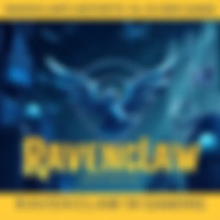 An illustration showcasing Ravenclaw's color palette and symbols, featuring blue and silver elements with an eagle motif in a gaming environment.