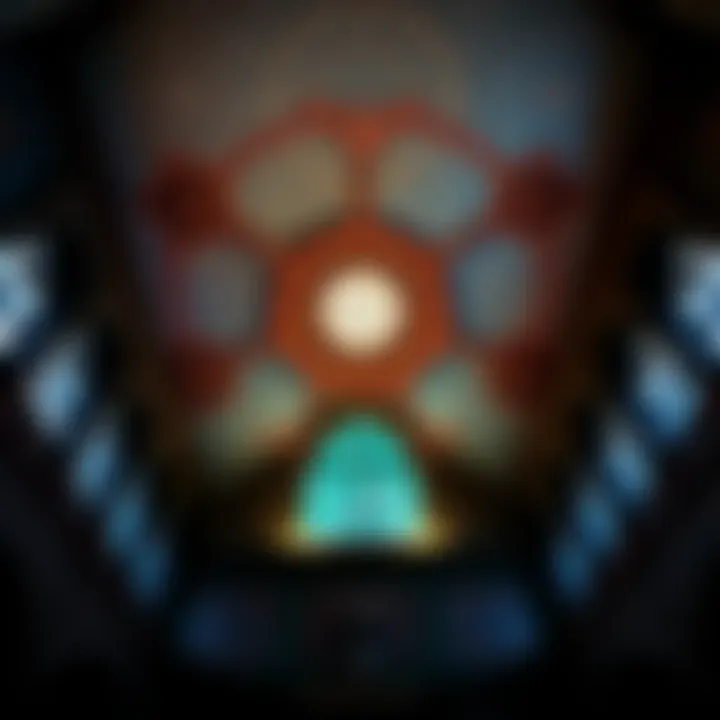 A view of the Ravenclaw common room ceiling featuring an astronomical design, showcasing the area above the fireplace and the eagle wall.