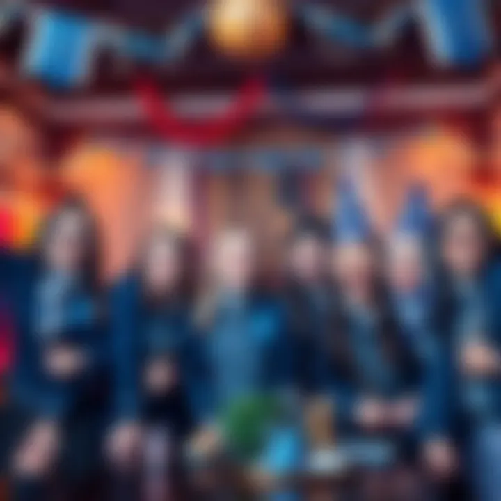 A group of friends in blue and silver attire celebrate their Ravenclaw adventure with smiles, surrounded by themed decorations and memorabilia.