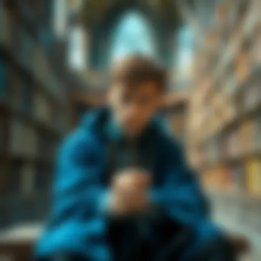 A Ravenclaw student with blue and silver robes sits in a library, looking thoughtful with a wand in hand, questioning the morality of learning unforgivable spells.