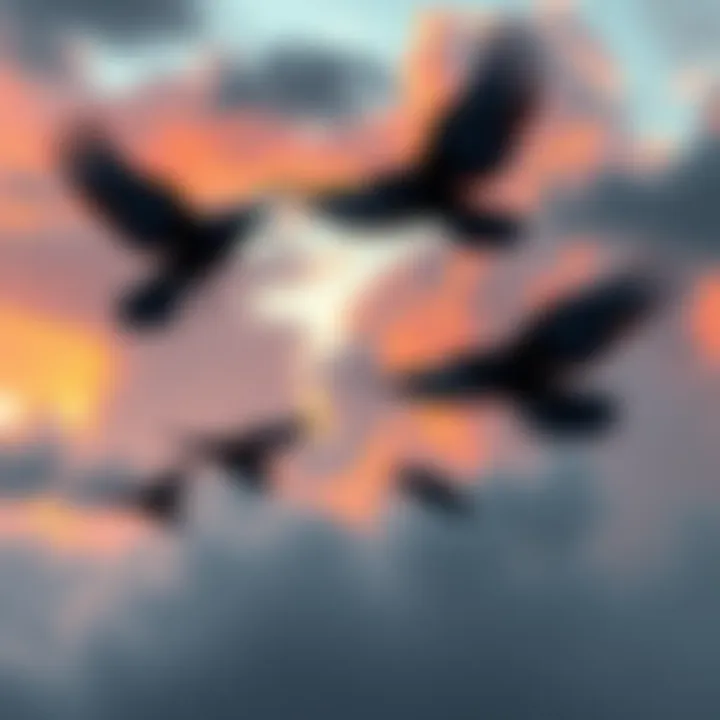 A family of ravens flying through a colorful sky in a Norse-inspired landscape, with Odin's presence suggested in the background.