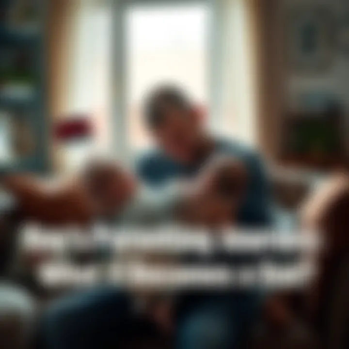 Ray gently cradling a baby in his arms, showing a caring expression while sitting in a cozy living room.