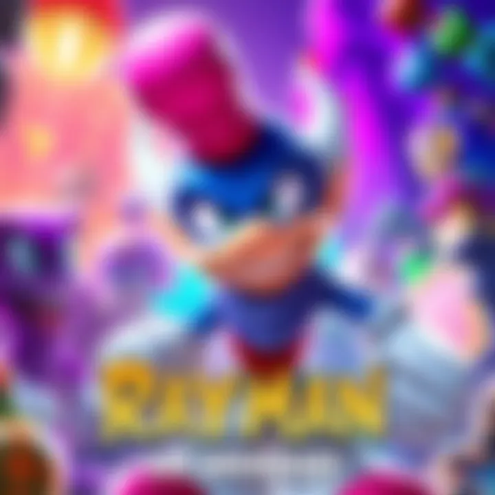 Rayman character with colorful background celebrating 30 years of the game, showcasing game versions and SNES prototype.