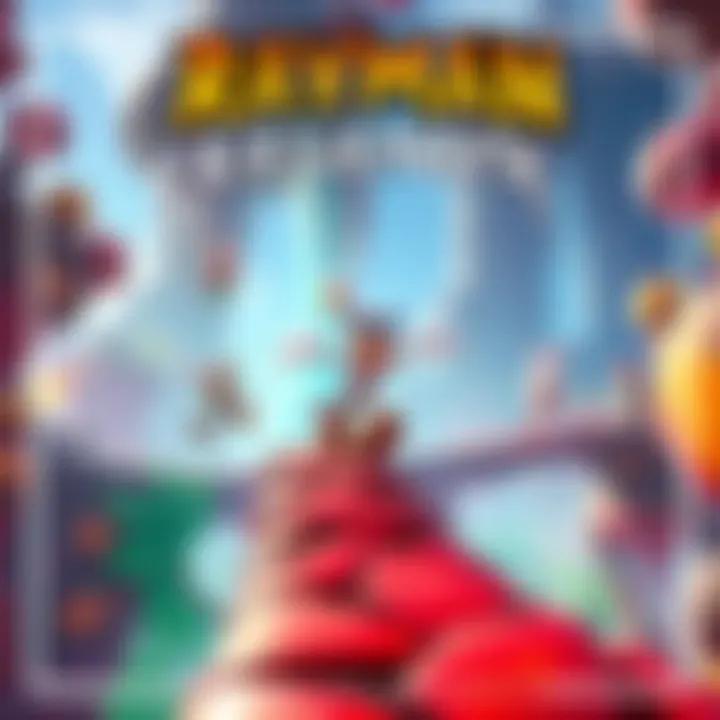 A colorful scene from Rayman Legends showing characters jumping and running in a vibrant platformer world