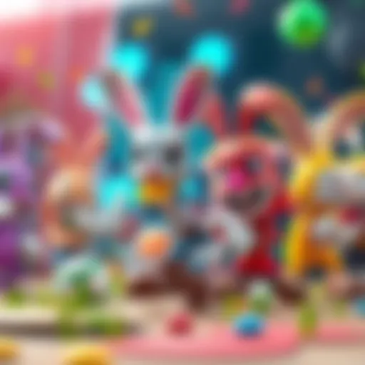 Rayman and Raving Rabbids characters having fun in a colorful gaming scene