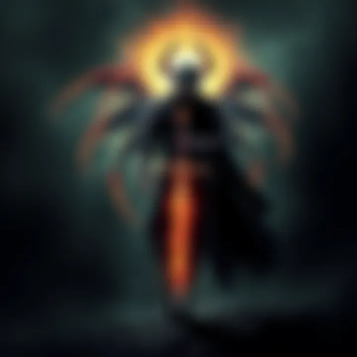 Raziel stands in a shadowy landscape, holding the Soul Reaver sword, with a glowing aura surrounding him, hinting at his connection to the Elder God.
