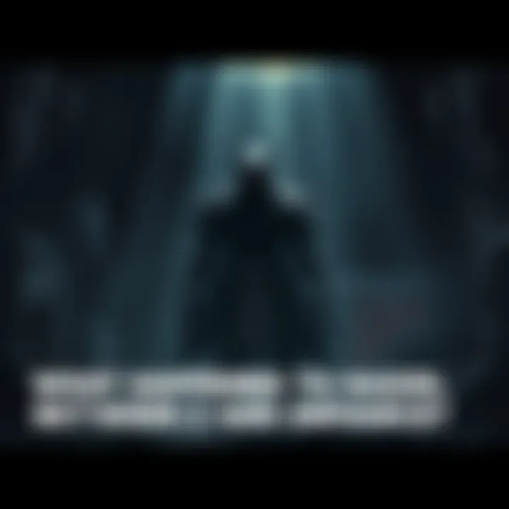 Raziel, a spectral character, stands in a shadowy environment, with hints of ancient ruins around him, representing his journey through time.