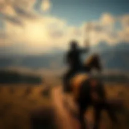 Character riding a horse in a vast open world of Red Dead Redemption 2, showcasing the game's detailed environment.