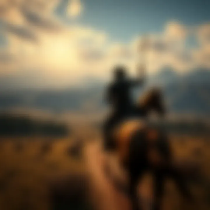 Character riding a horse in a vast open world of Red Dead Redemption 2, showcasing the game's detailed environment.