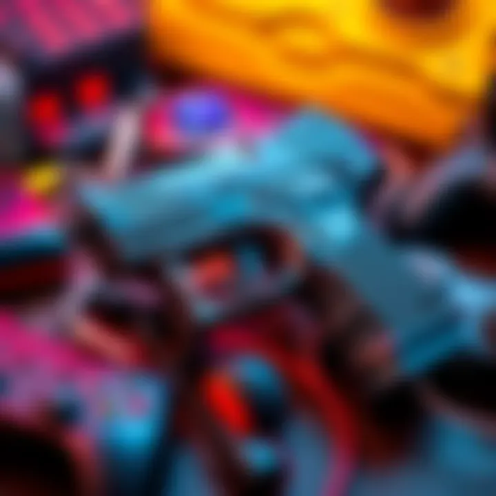 A close-up of the RE-45 handgun with a sleek design, surrounded by gaming paraphernalia