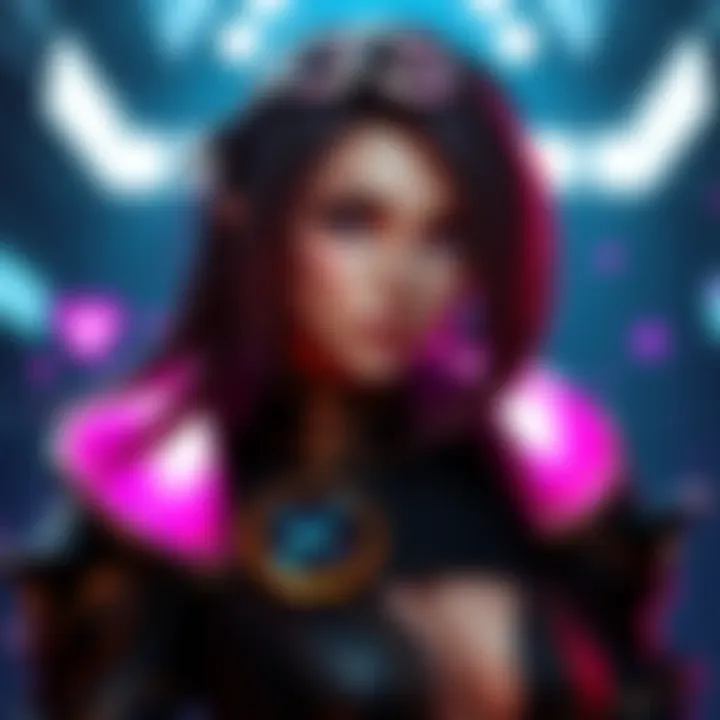 A detailed shot of a cosplayer dressed as Grace from RE9, showcasing the Noir skin concept with dramatic colors and 3D art elements.