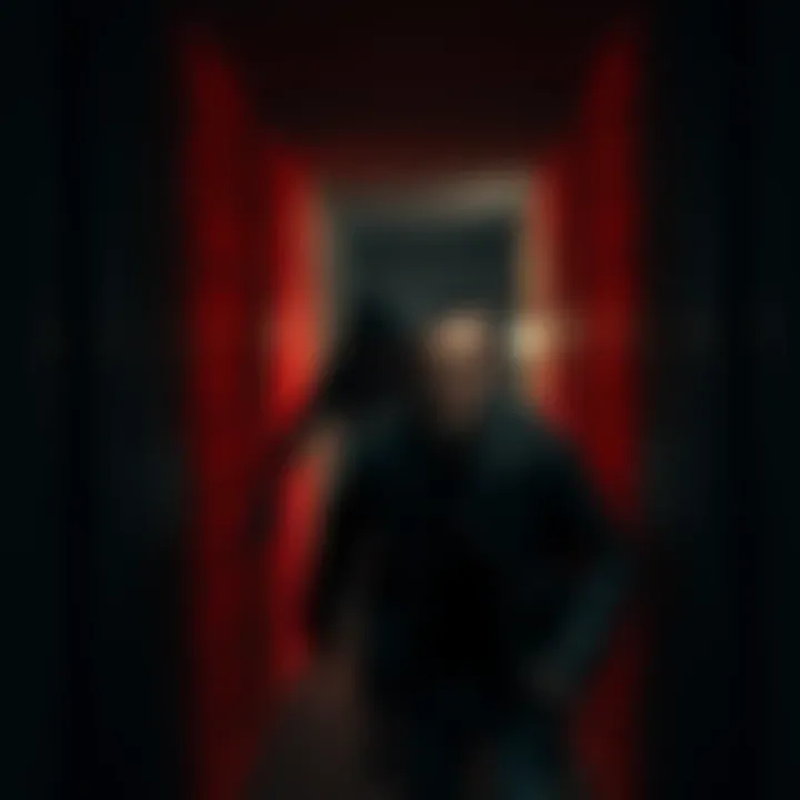 A terrifying stalker with a menacing look pursues a frightened character through a dark corridor, representing the horror elements in Resident Evil 9.