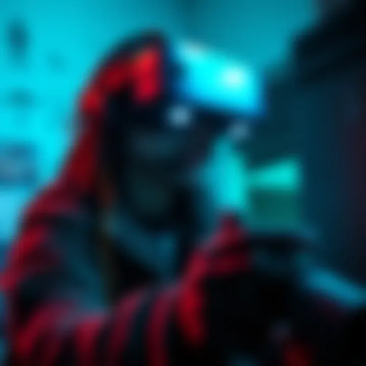 A player wearing a VR headset immersed in intense gameplay of RE Village, showcasing detailed graphics and a dark atmosphere.
