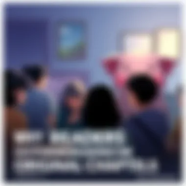 Readers Discuss Original Chapters Group of fans chatting excitedly about original chapters versus licensed ones, with characters Sadako and Pig in the background.