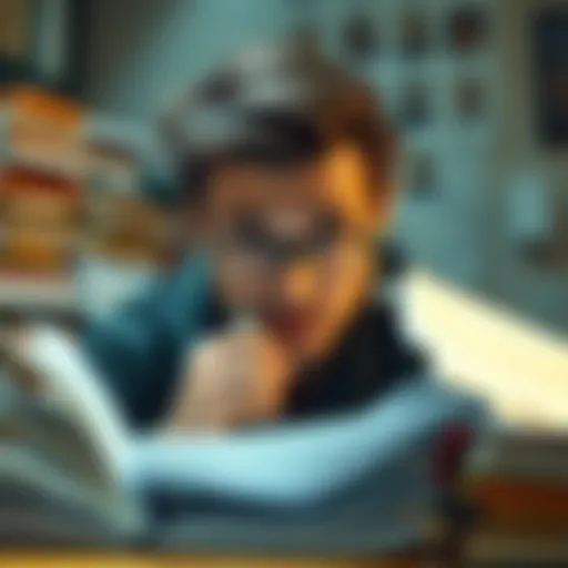 A person squinting at messy, handwritten notes with a confused expression, surrounded by books and papers.