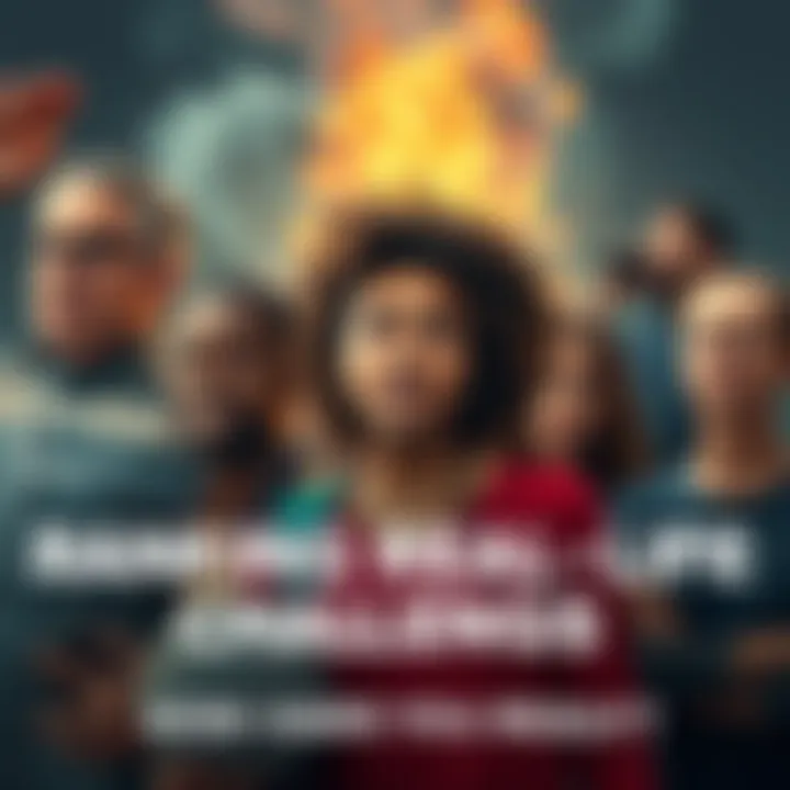 People facing real-life challenges A group of diverse people confronting various life obstacles together, showing teamwork and resilience