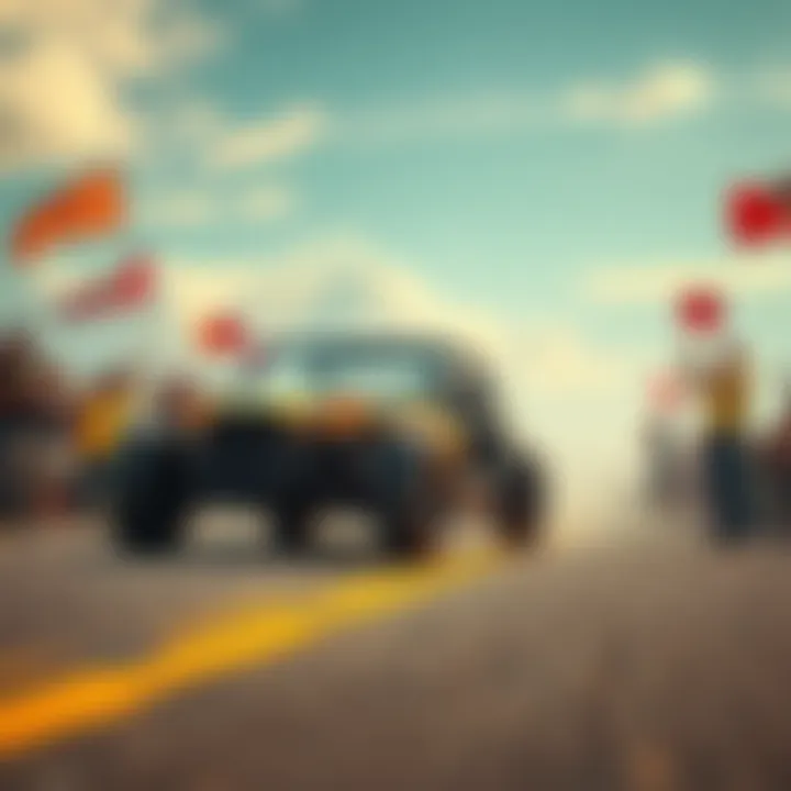 A person driving a custom-built Octane vehicle on an open road, surrounded by cheering supporters