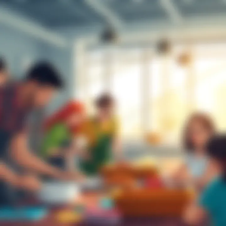 Real-Life Skills Illustration A group of diverse people practicing essential real-world skills like cooking, coding, and teamwork in a bright community space