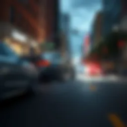 A scene showing a car crash in a city street, showcasing realistic vehicle dynamics from BeamNG Drive.