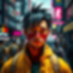 A detailed NPC in Cyberpunk 2077, showcasing vibrant clothing and striking facial features in a busy urban environment.