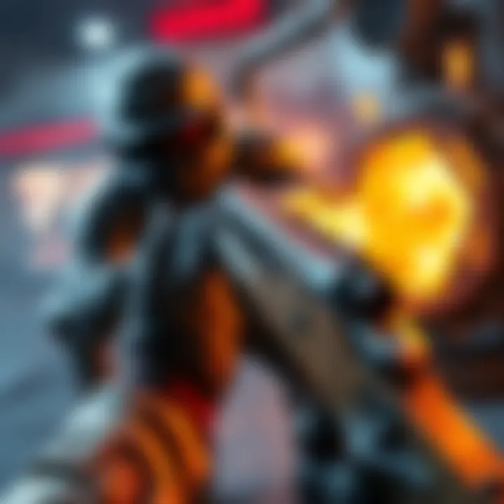 Realistic Shotgun in FPS Game A detailed shotgun from a first-person shooter game with realistic textures and design, set against an action-packed gaming background.