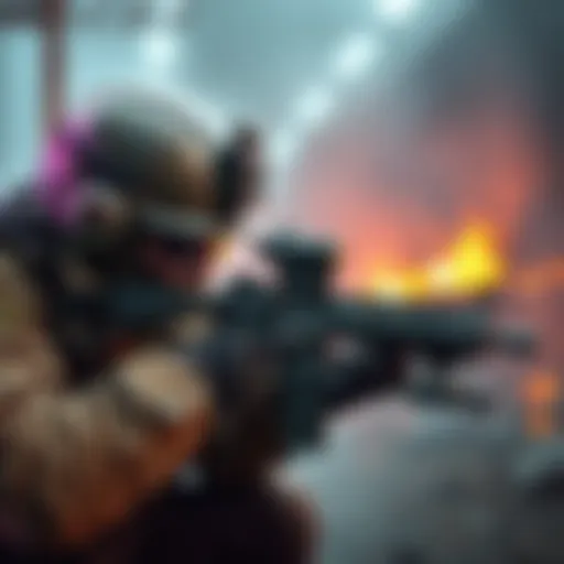 Realistic Military Shooter Gameplay A soldier aiming with a semi-automatic rifle in a realistic military shooter game environment.