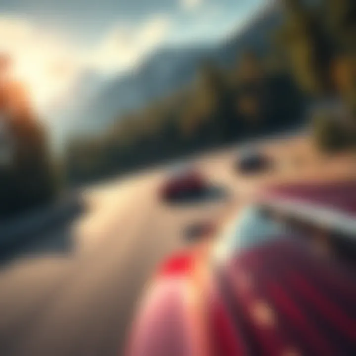 A high-speed racing scene showing a sleek car racing on a winding track surrounded by trees and mountains.