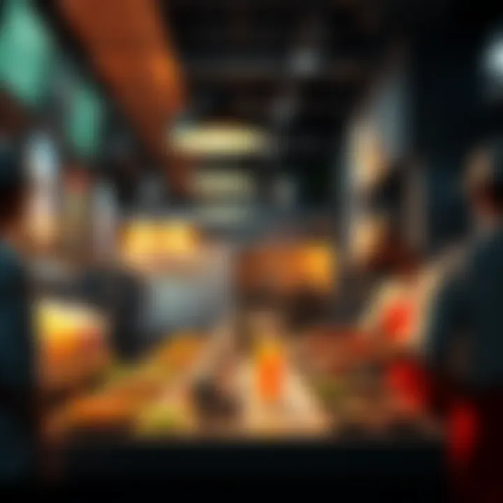 Realistic Restaurant Business Simulation A detailed scene showing players managing a restaurant, focusing on food preparation, ingredient selection, and logistics operations.