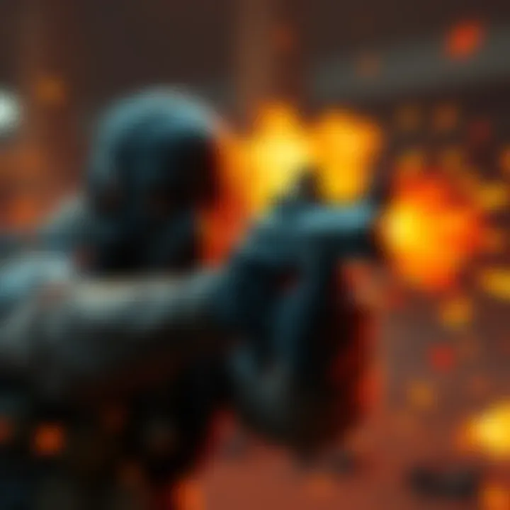 A character firing a gun in a game with realistic graphics, showcasing gunfire and detailed gore effects on impact