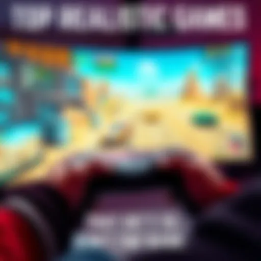 A player using a controller to play a realistic simulator game, showing a detailed game environment.