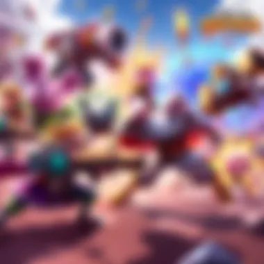 Realm Royale Characters in Action A group of unique Realm Royale characters engaging in a fun battle scene, showcasing their distinct abilities and personalities in a vibrant game environment.