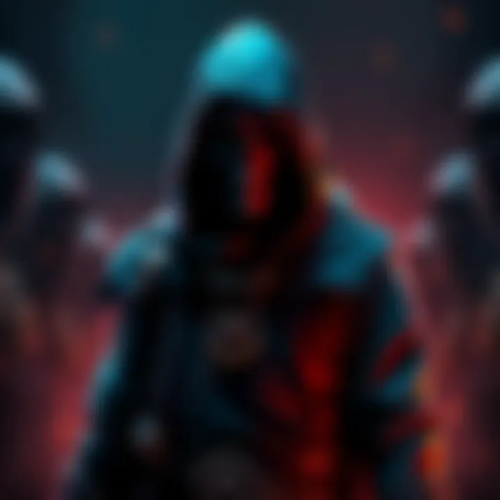 Reaper from a video game A dark character with a hood and skull mask, standing in a dramatic pose, surrounded by shadows and gaming elements.