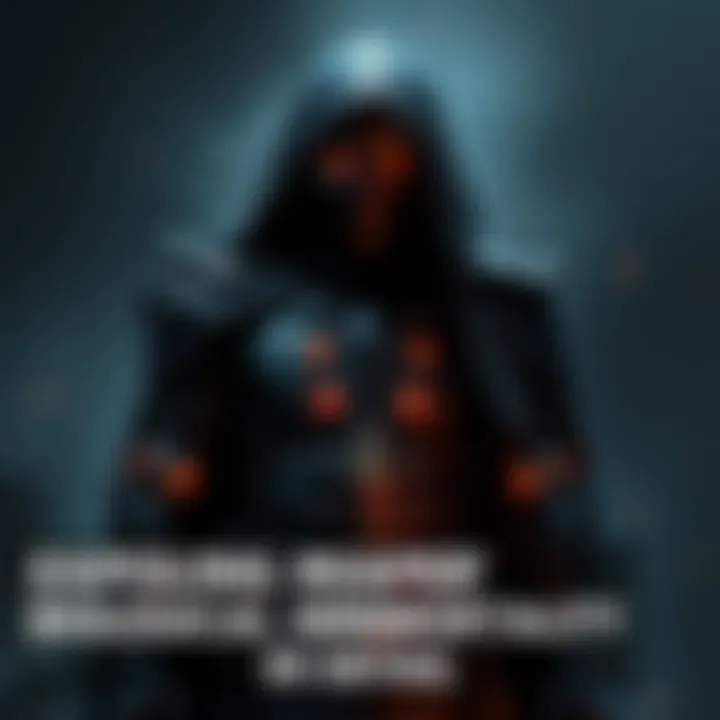 Reaper in dark armor A figure in dark armor with glowing eyes, standing in a shadowy environment, symbolizing immortality and regeneration.
