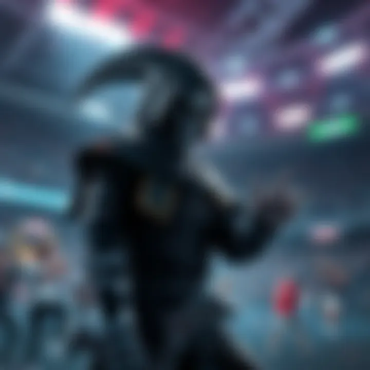 A Reaper character in a stadium setting, looking determined while facing opponents, surrounded by action and chaos, showcasing struggles with performance.