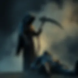 A dark figure resembling a Reaper stands with a scythe, looking ominously at a fallen figure, symbolizing the concept of being killed by its own weapon.