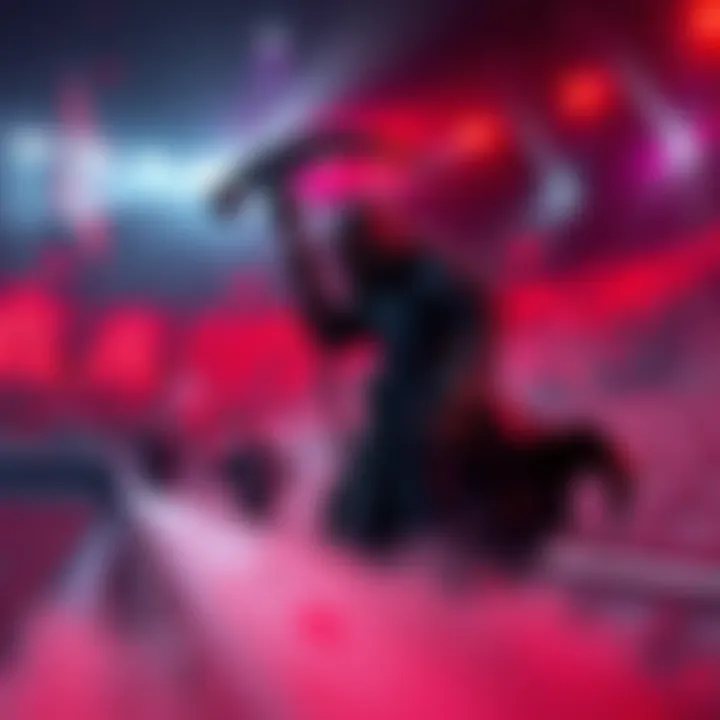 A dramatic scene featuring a character representing Reaper in a stadium filled with cheering fans, showcasing an intense gaming atmosphere.