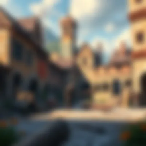 A character working to restore a damaged medieval town with tools and materials, surrounded by ruins and nature.