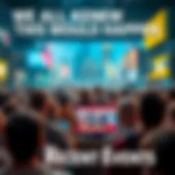 A crowd watches a news broadcast about recent events, showing expressions of concern and anticipation.